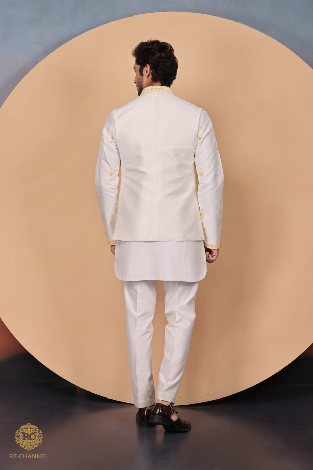 White Bandi Kurta Set in Silk