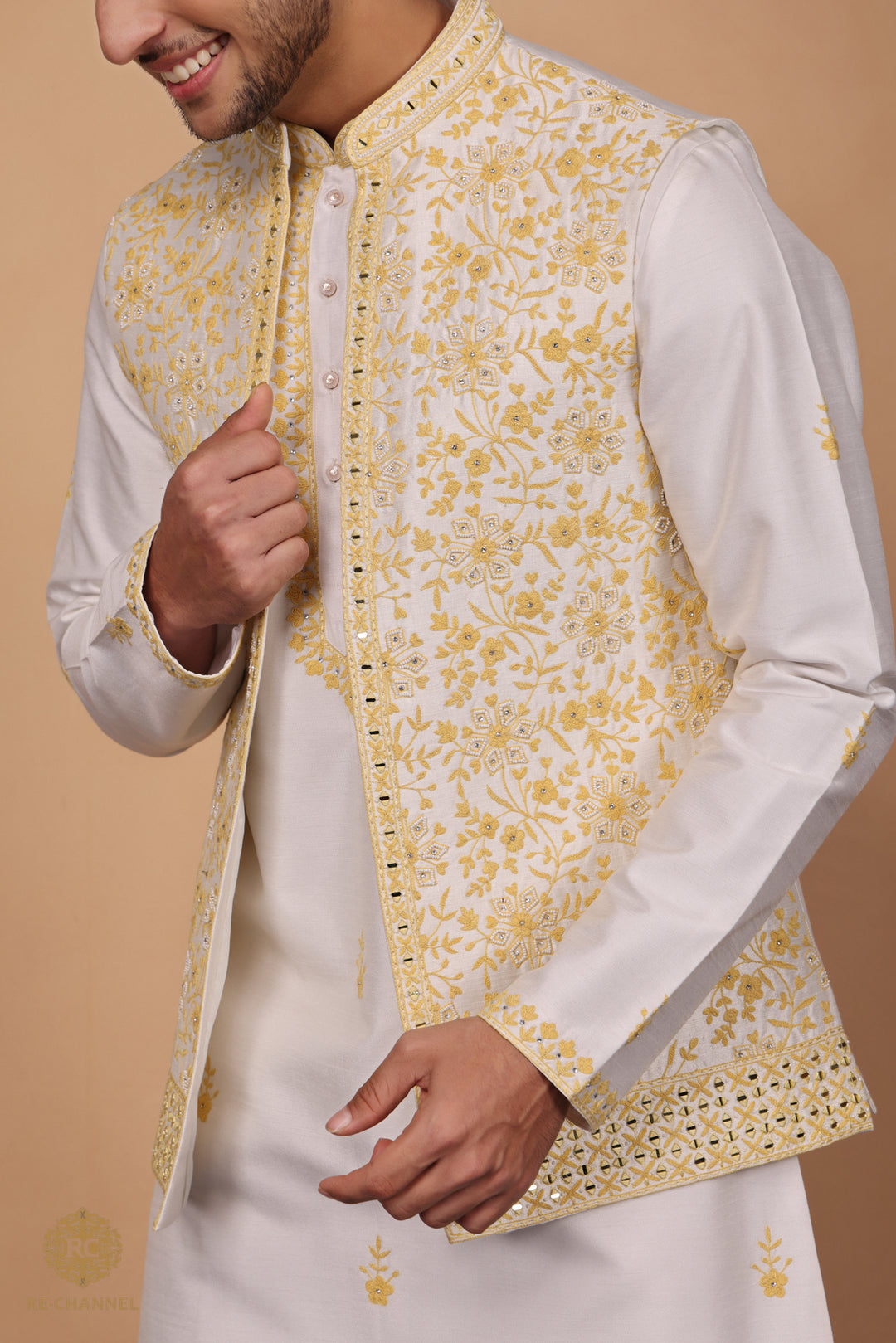 White Bandi Kurta Set in Silk