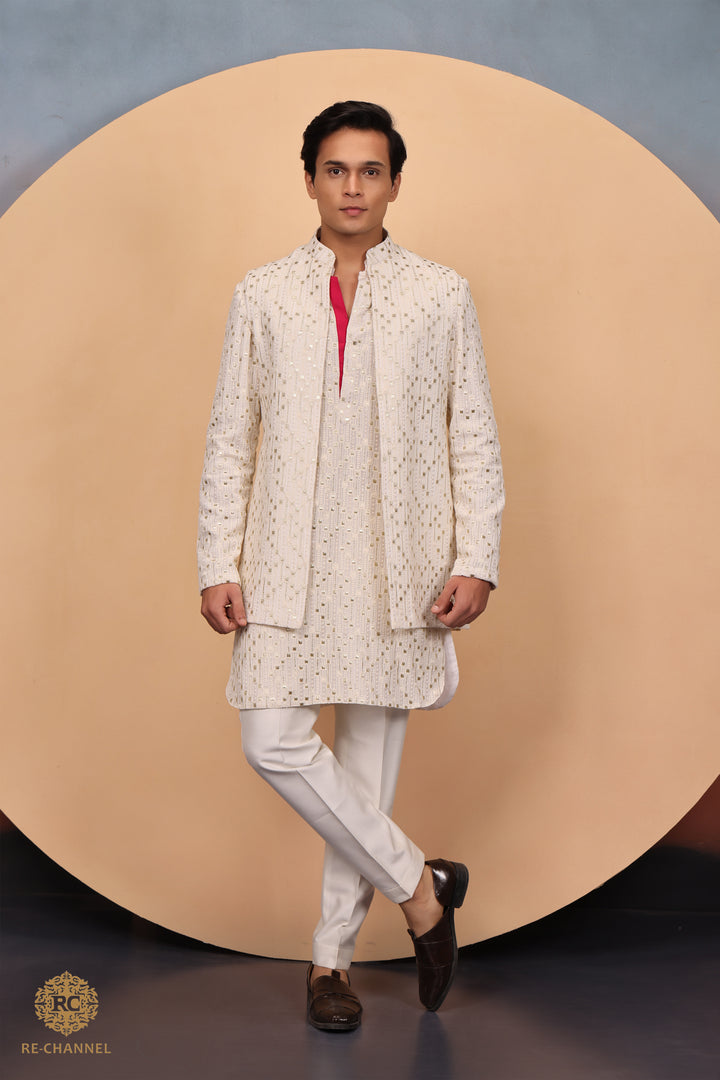 Off white Lucknowi open Jacket & Kurta Set