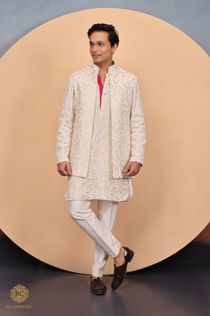 Off white Lucknowi open Jacket & Kurta Set