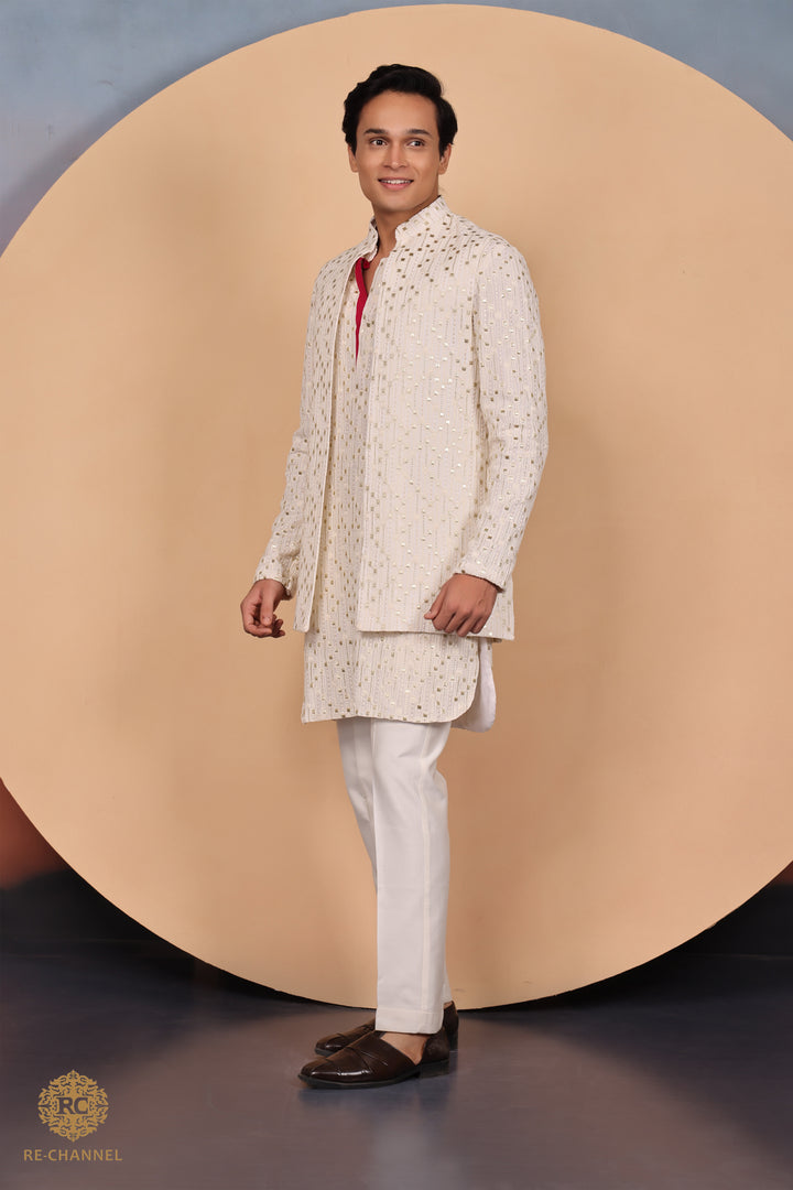 Off white Lucknowi open Jacket & Kurta Set