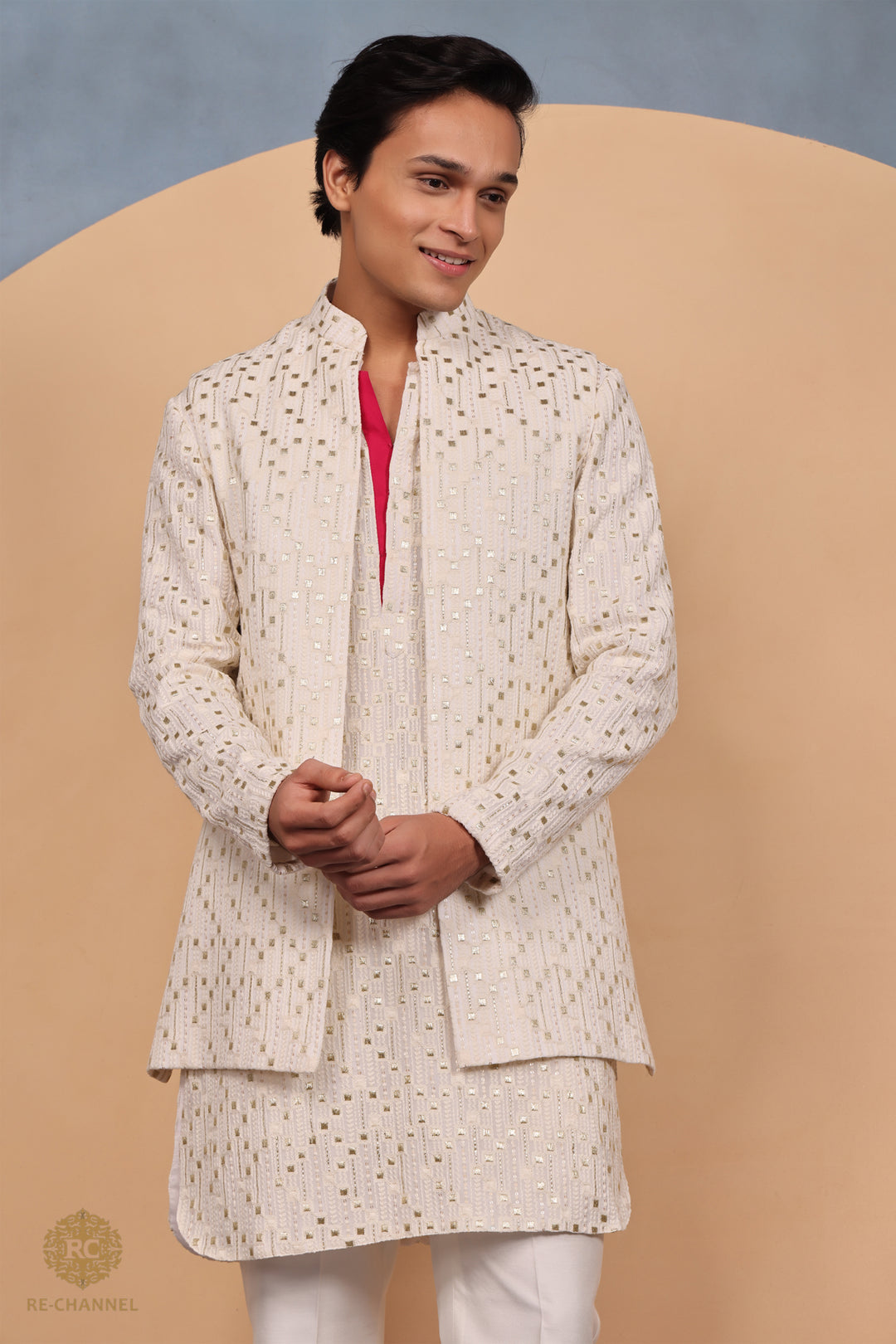 Off white Lucknowi open Jacket & Kurta Set