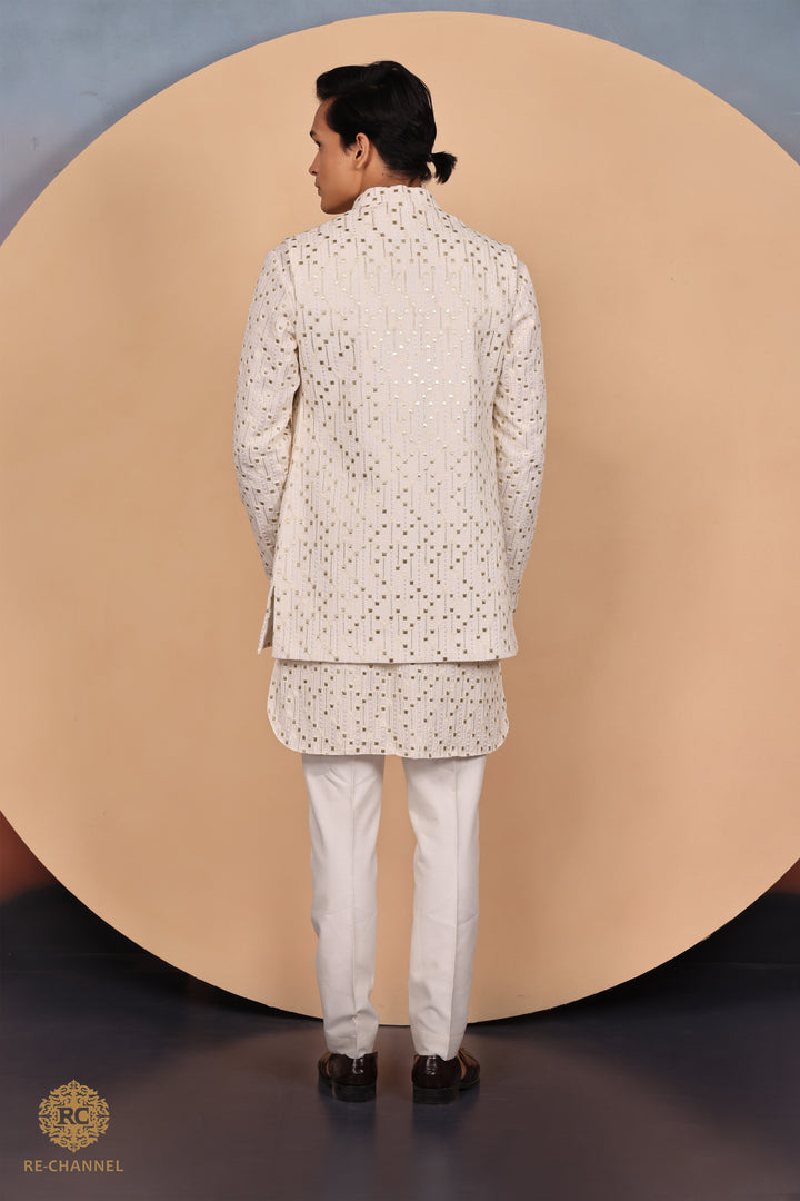 Off white Lucknowi open Jacket & Kurta Set