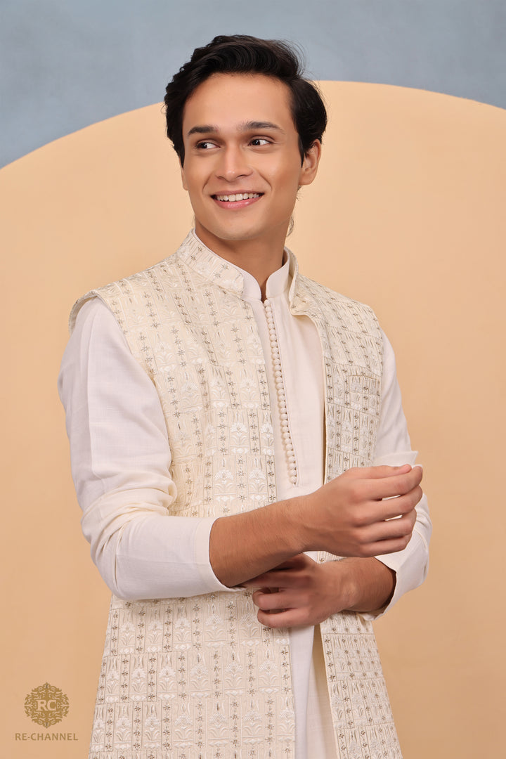 Cream open jacket with Kurta