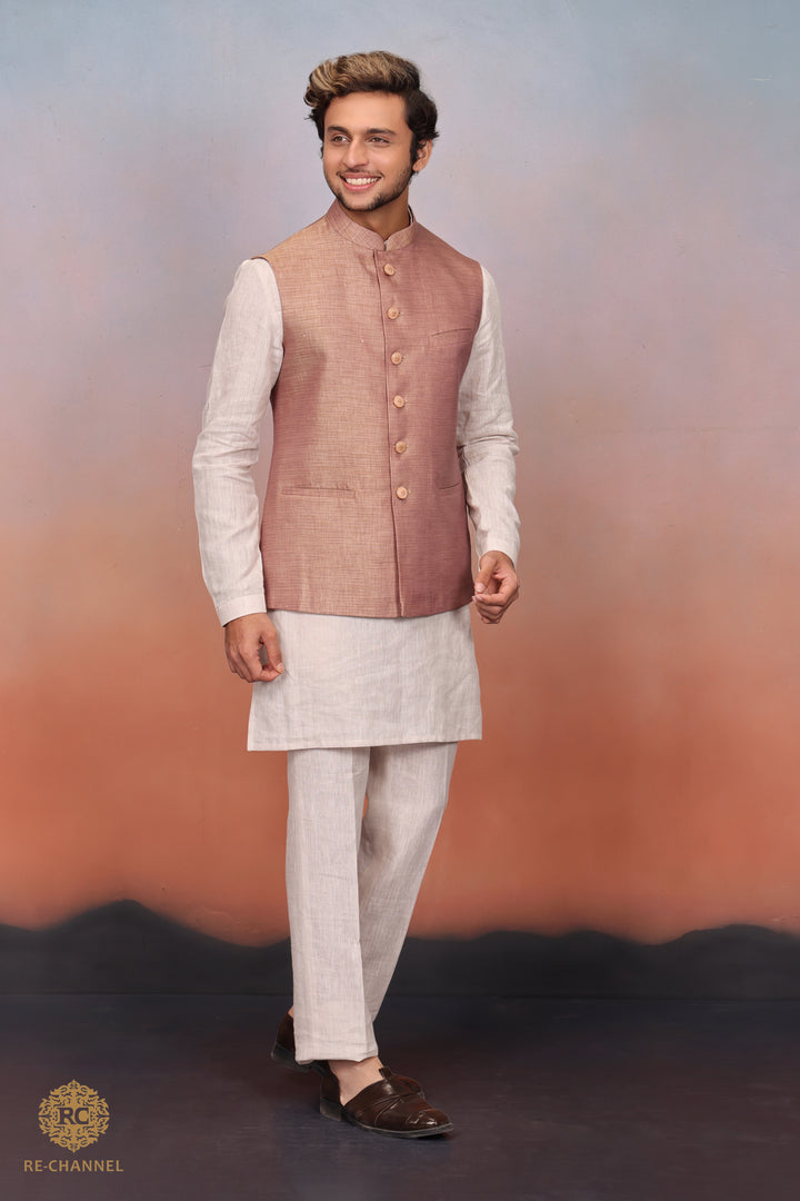 Copper Raw Silk Bandi Kurta Set