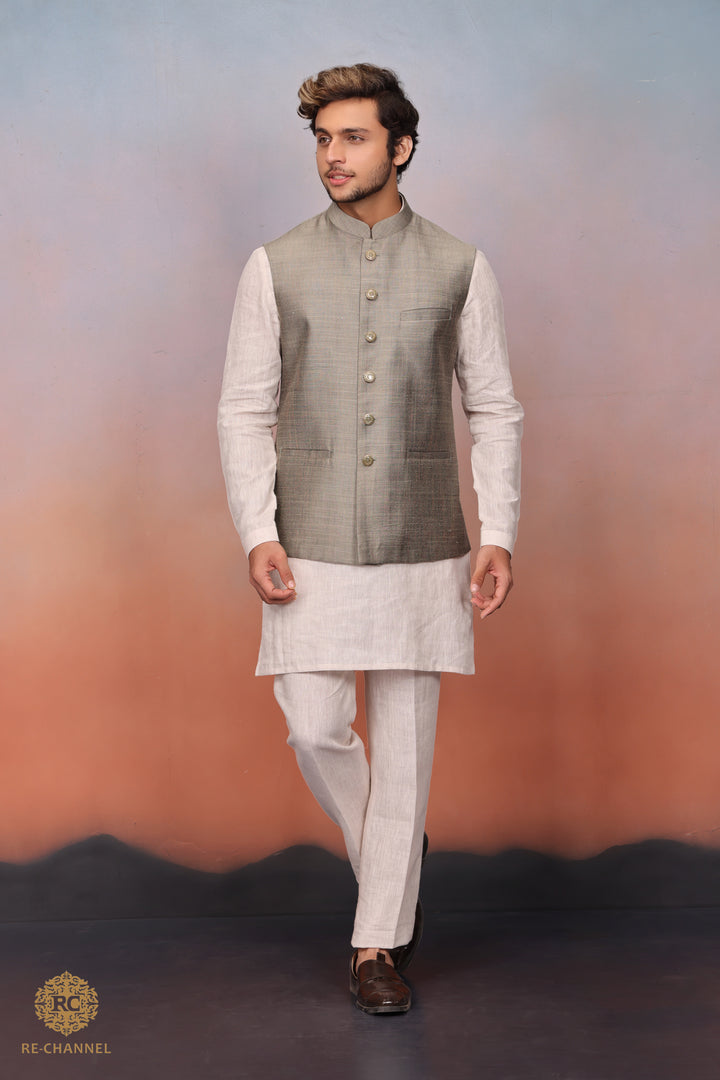 Olive Grey Silk Bandi Kurta Set.