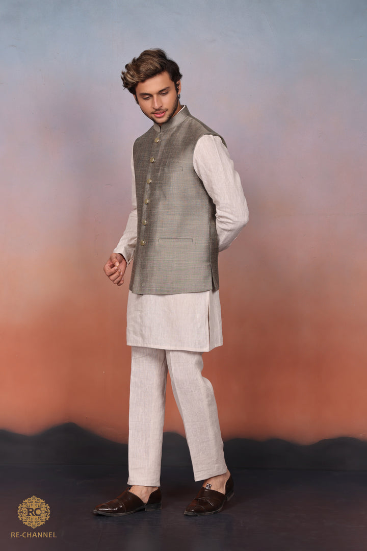 Olive Grey Silk Bandi Kurta Set.