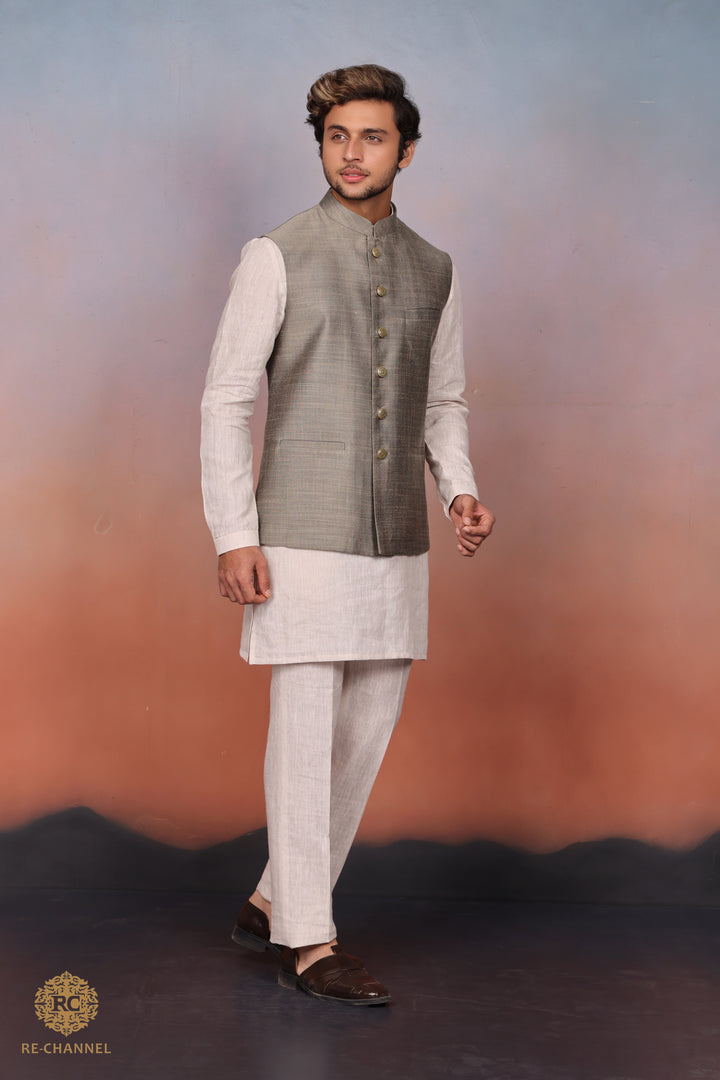 Olive Grey Silk Bandi Kurta Set.