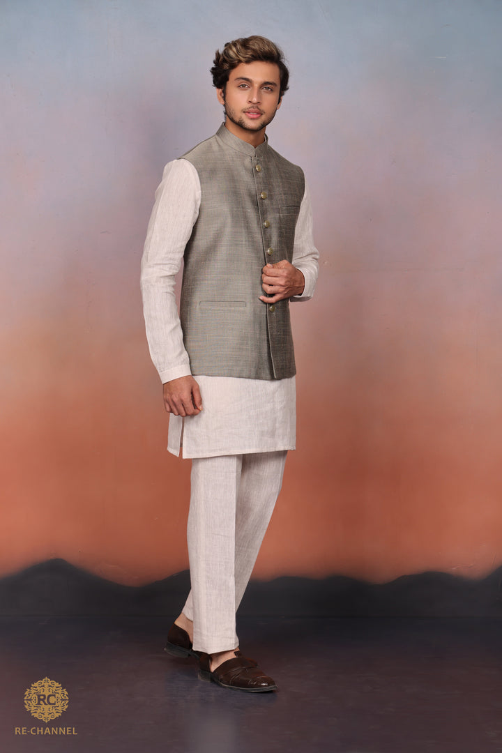 Olive Grey Silk Bandi Kurta Set.