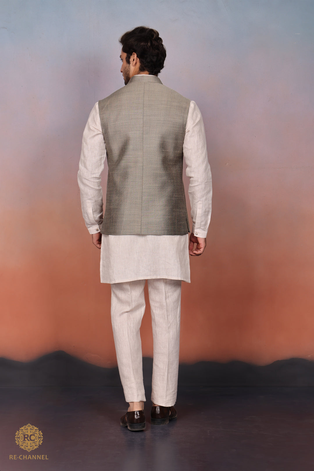 Olive Grey Silk Bandi Kurta Set.