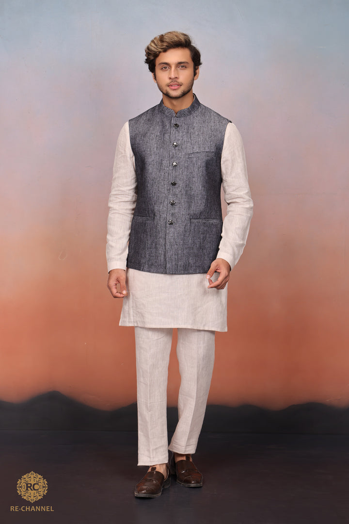 Grey Khadi Bandi Kurta Set.
