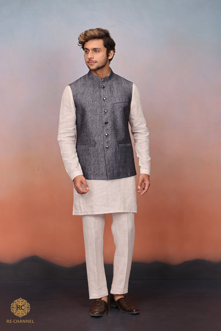 Grey Khadi Bandi Kurta Set.