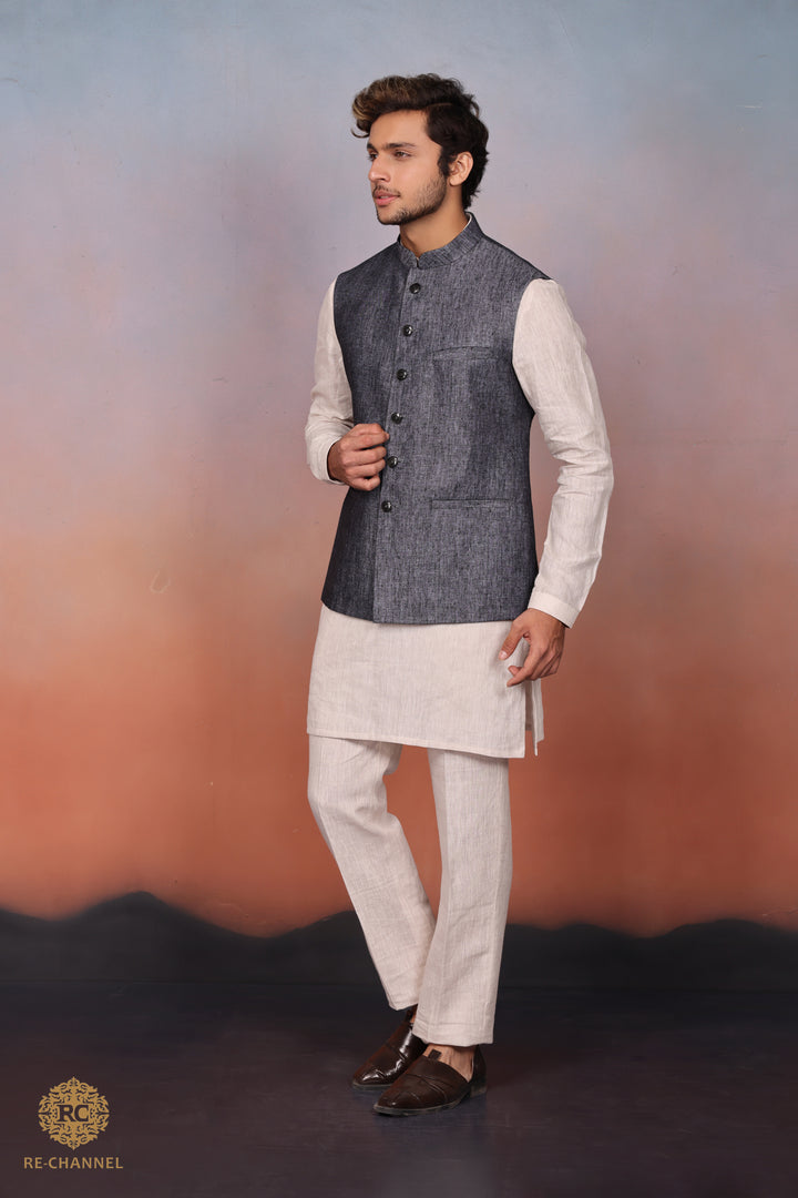 Grey Khadi Bandi Kurta Set.