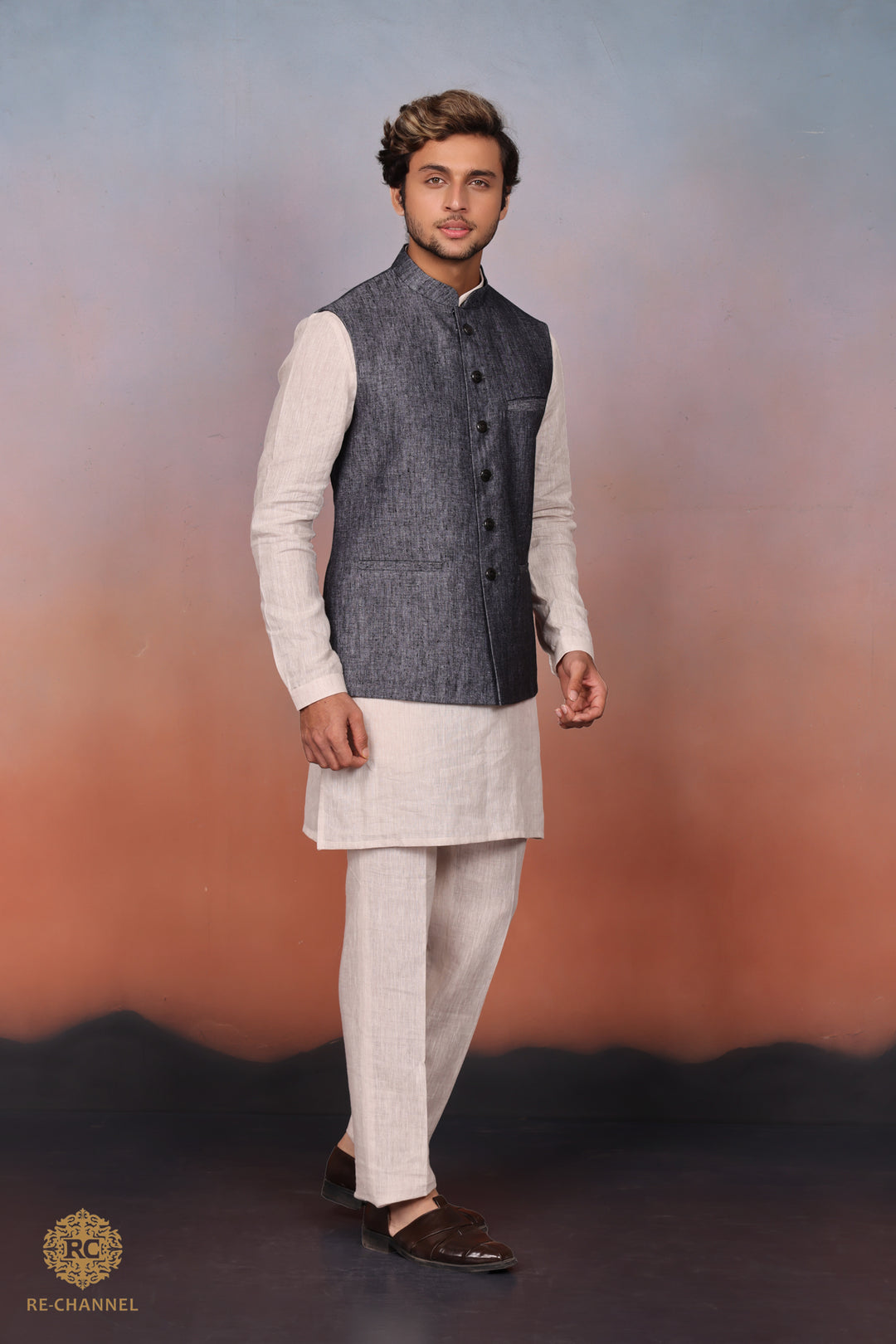 Grey Khadi Bandi Kurta Set.
