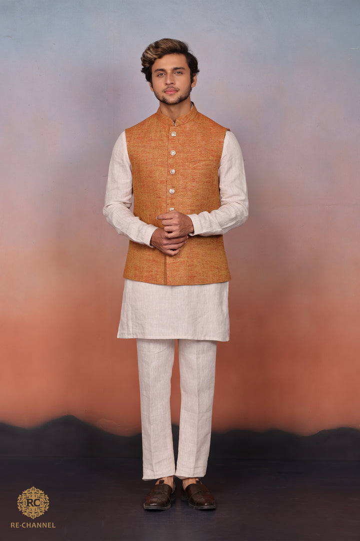 Mustard Khadi Bandi Kurta Set.