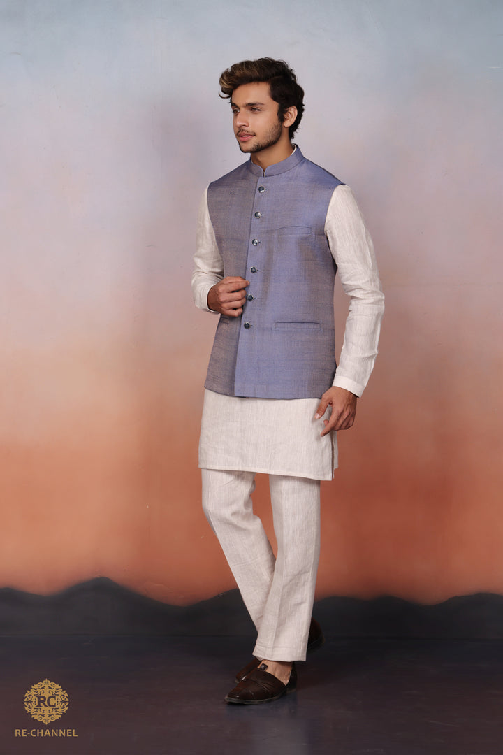 Heather Blue Silk Bandi Kurta Set.