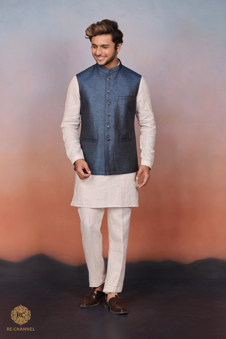 Yale Blue Silk Bandi Kurta Set.