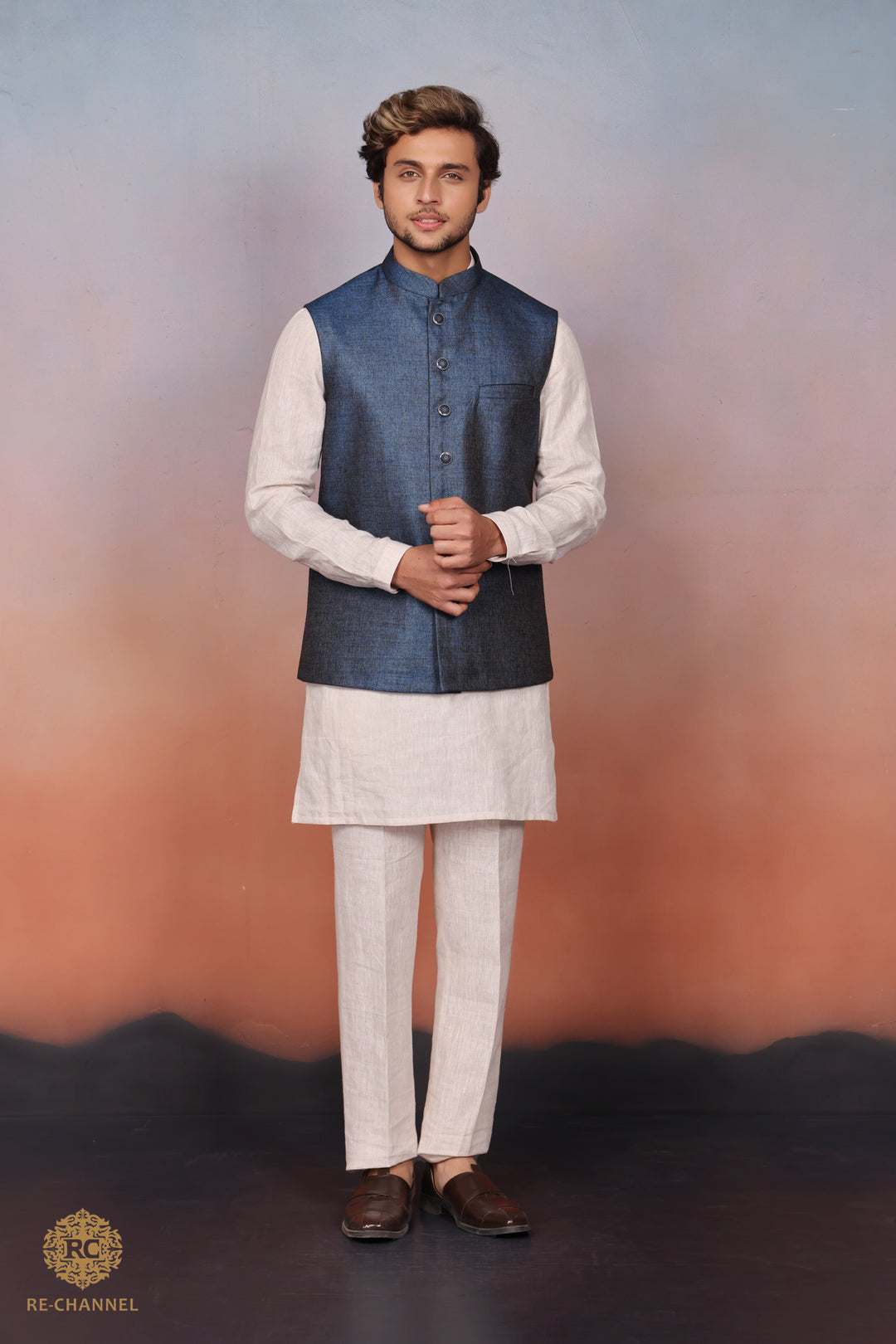 Yale Blue Silk Bandi Kurta Set.
