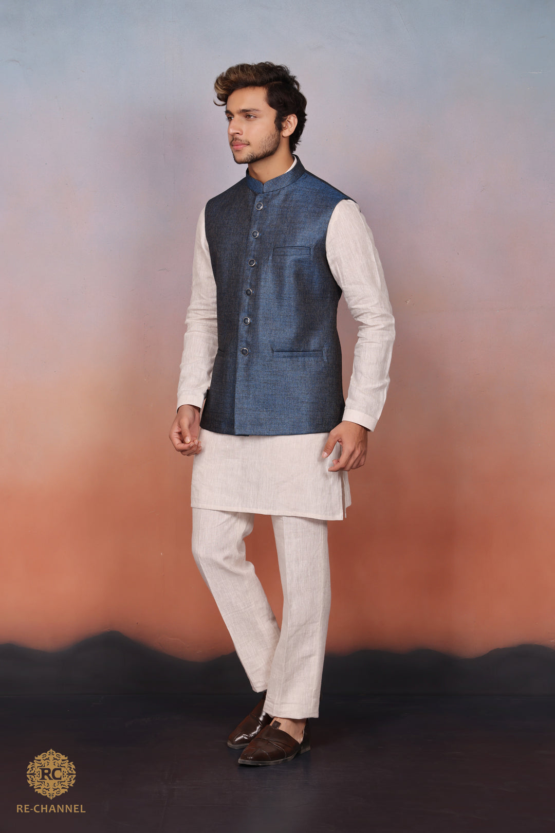 Yale Blue Silk Bandi Kurta Set.