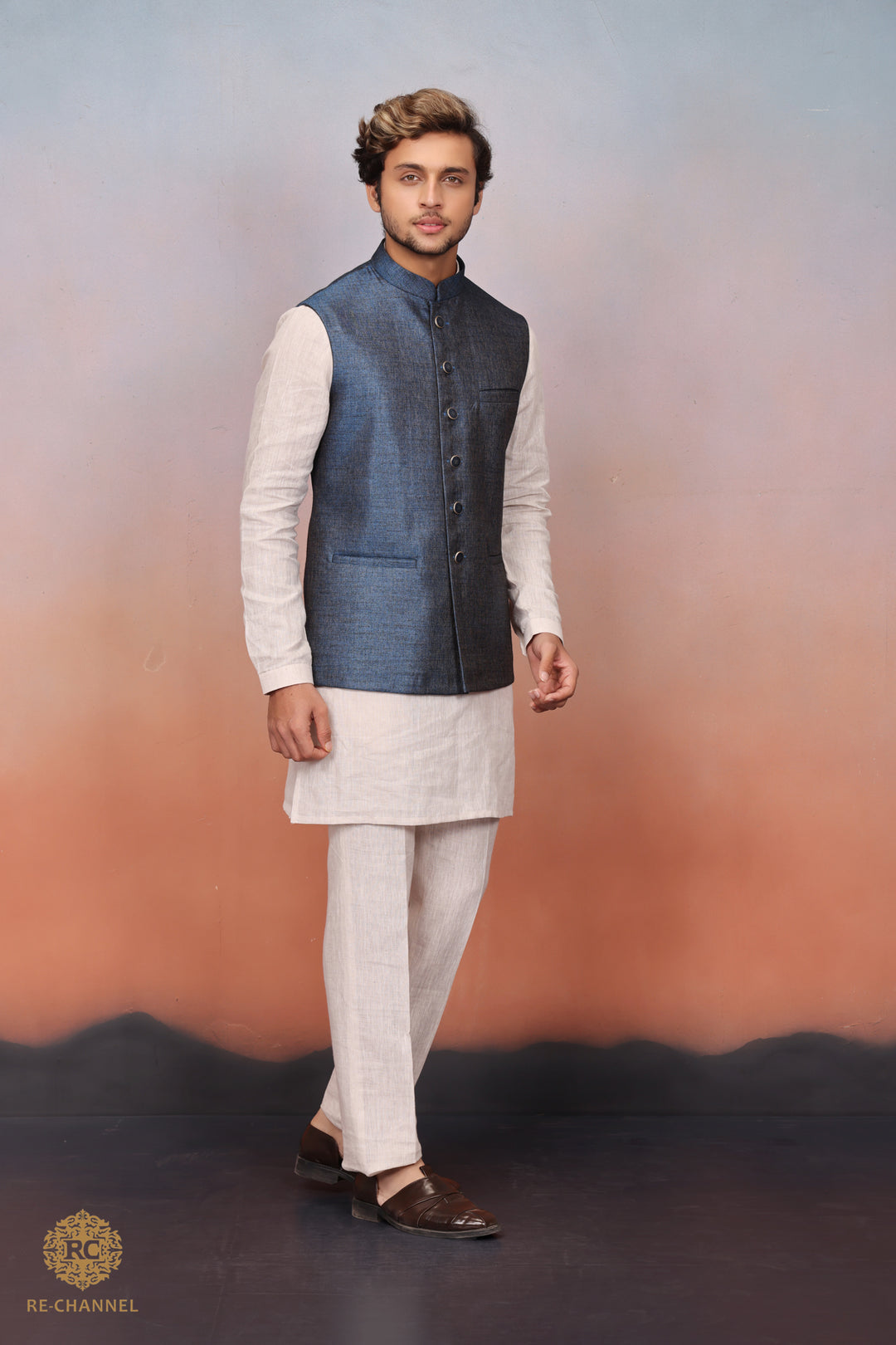 Yale Blue Silk Bandi Kurta Set.