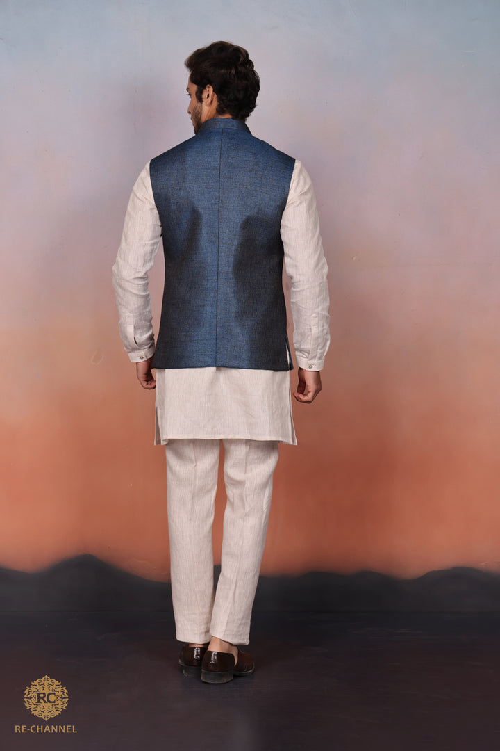 Yale Blue Silk Bandi Kurta Set.