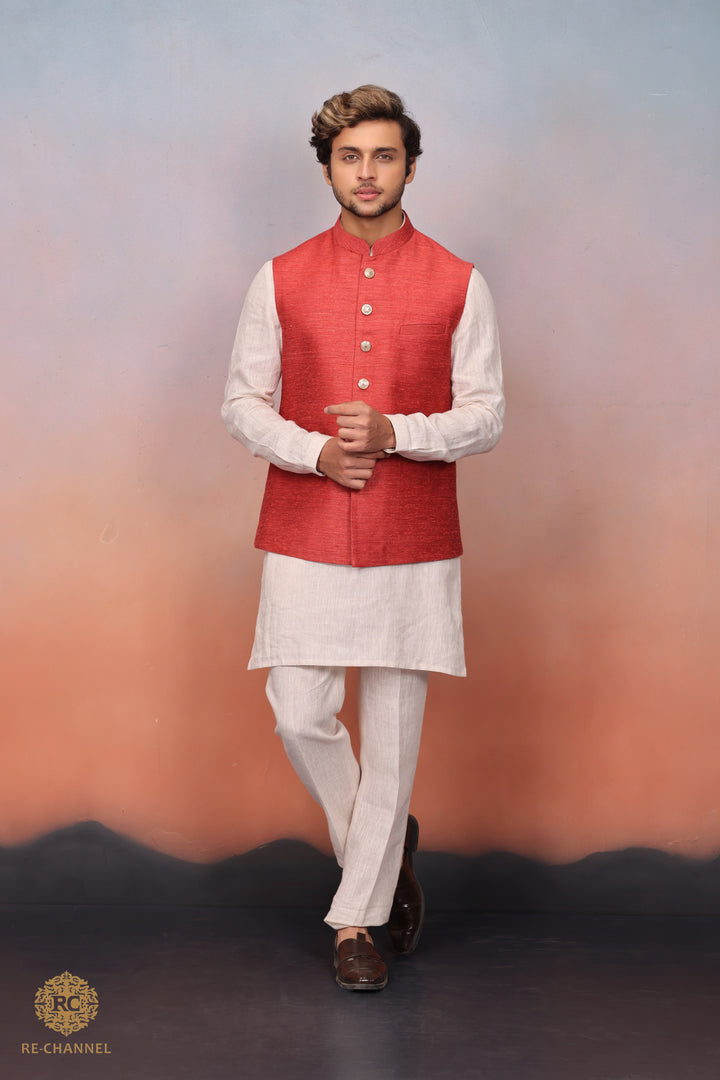Crimson Silk Bandi Kurta Set.