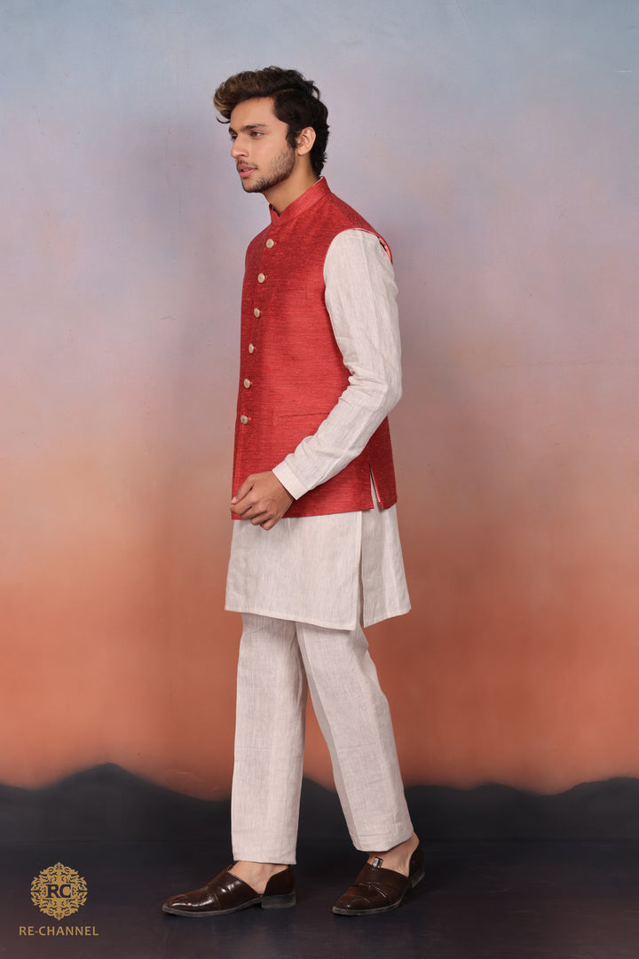 Crimson Silk Bandi Kurta Set.