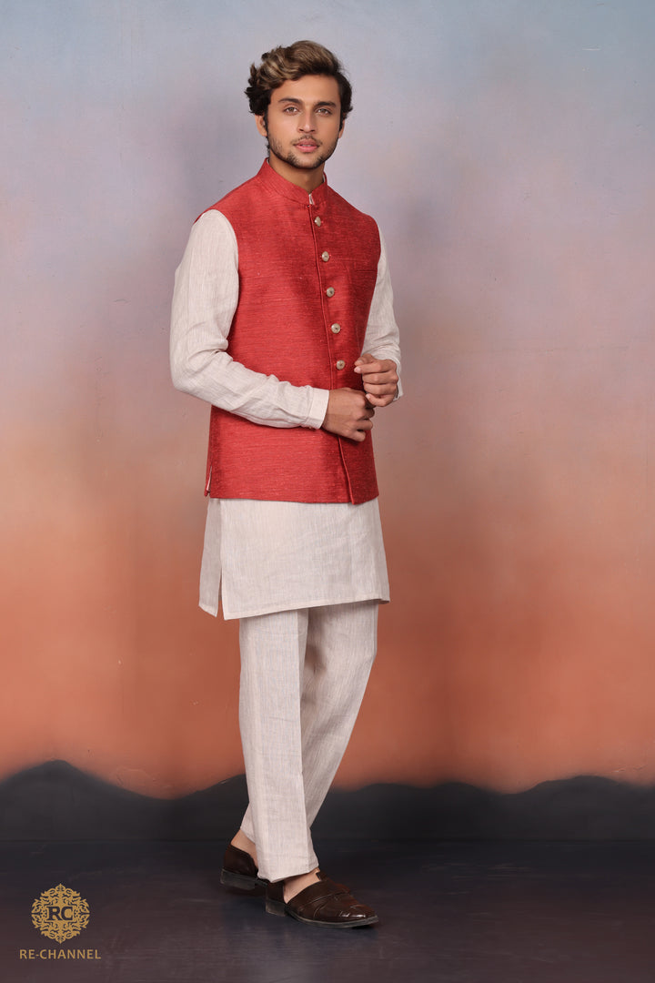 Crimson Silk Bandi Kurta Set.