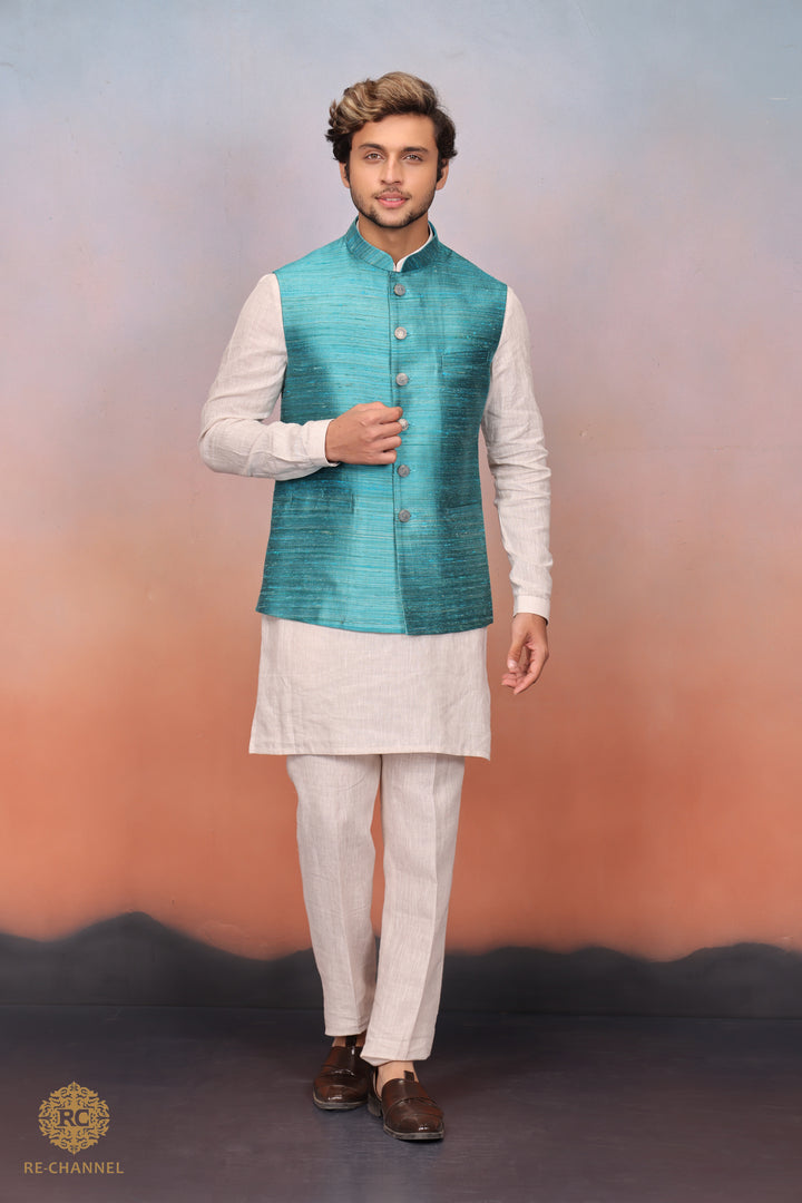 Sea Green Silk Bandi Kurta Set.