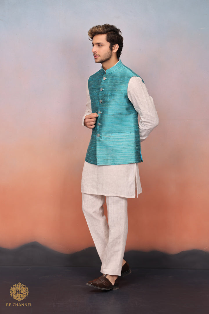 Sea Green Silk Bandi Kurta Set.