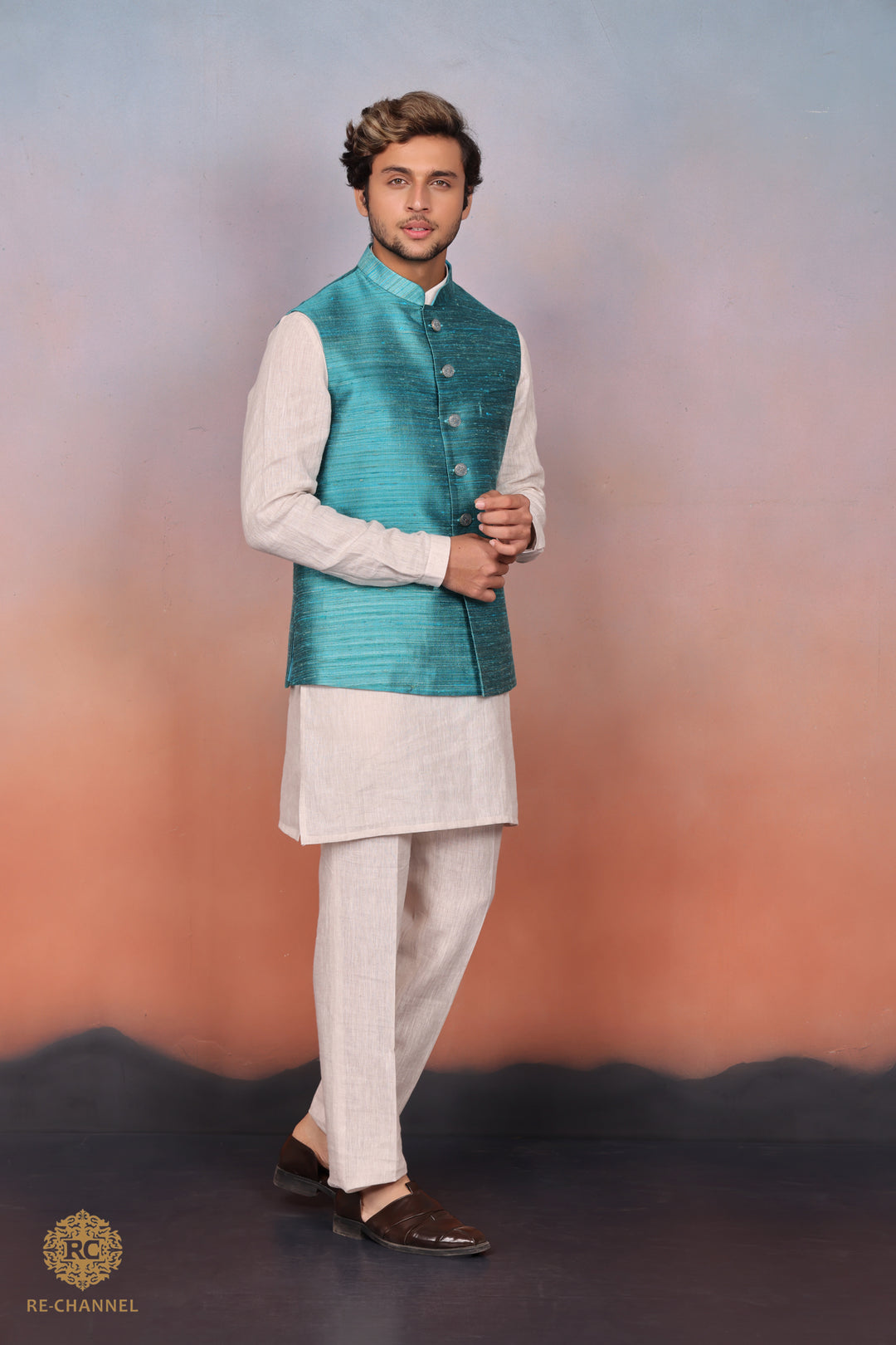 Sea Green Silk Bandi Kurta Set.