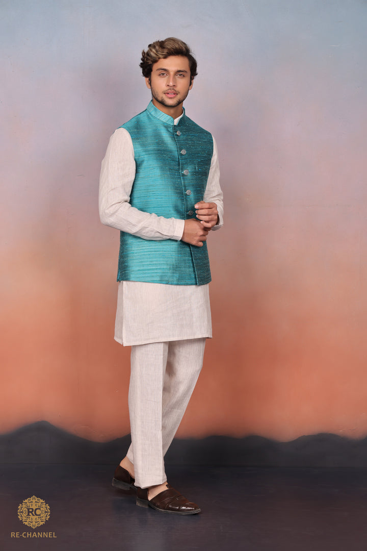 Sea Green Silk Bandi Kurta Set.