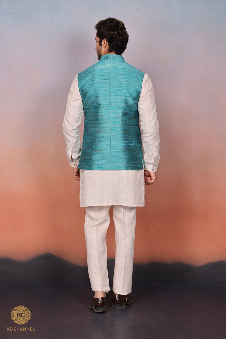 Sea Green Silk Bandi Kurta Set.