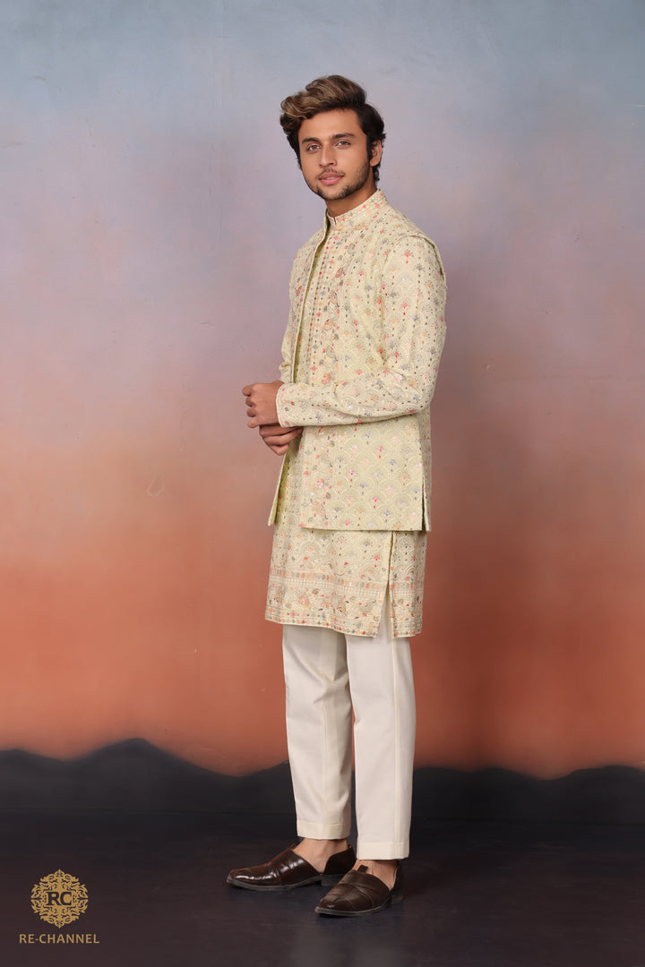 Lime yellow lucknowi bandi kurta set