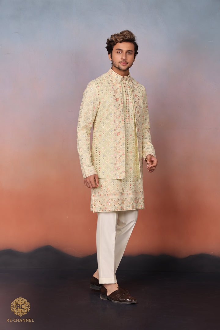 Lime yellow lucknowi bandi kurta set