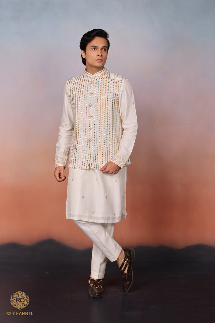 White Silk mirror work bandi kurta set