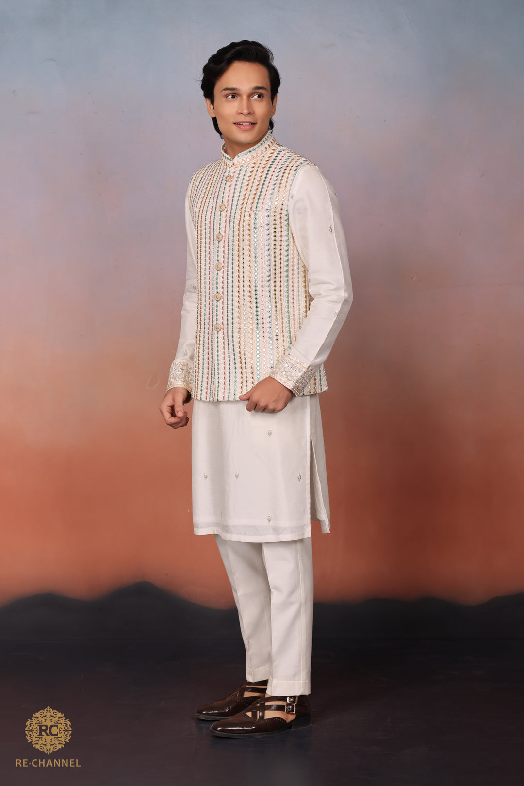 White Silk mirror work bandi kurta set