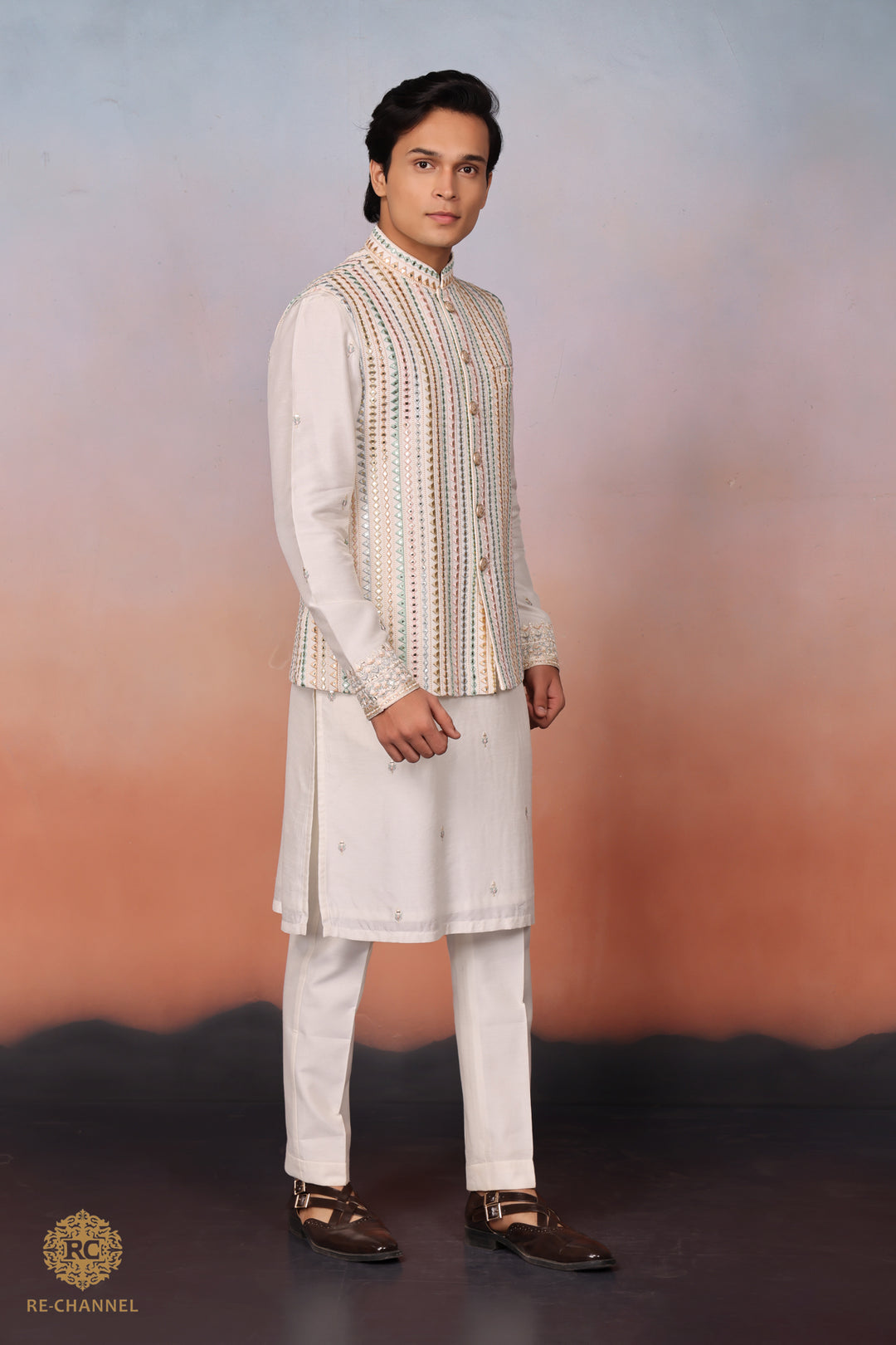 White Silk mirror work bandi kurta set