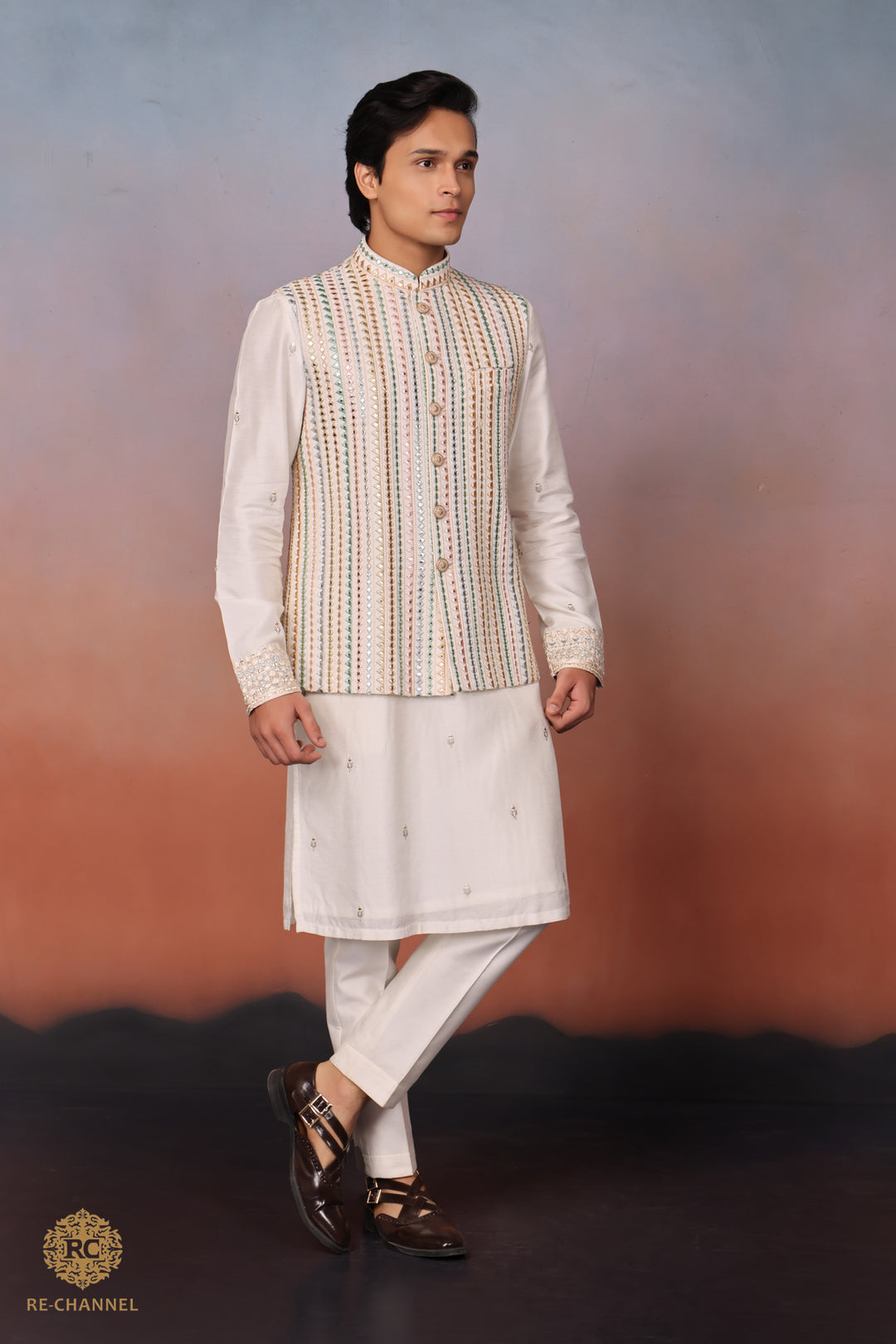 White Silk mirror work bandi kurta set