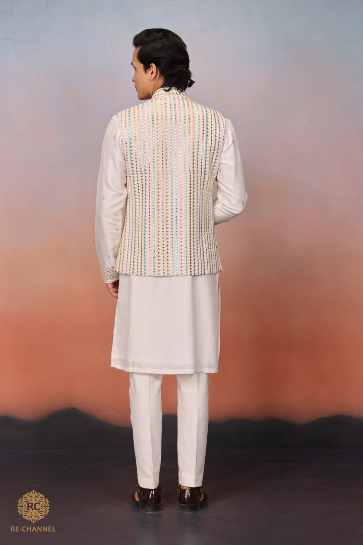 White Silk mirror work bandi kurta set