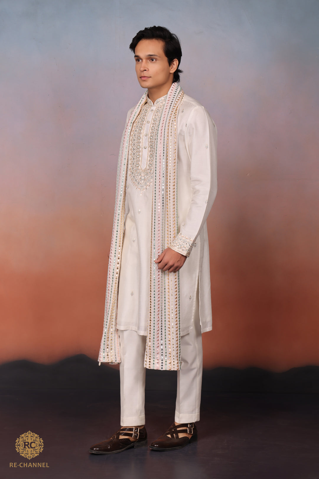 White silk mirror work kurta dupatta set