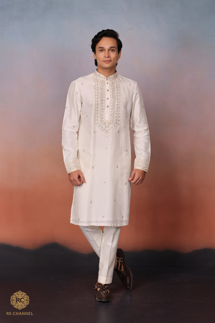 White silk mirror work kurta set