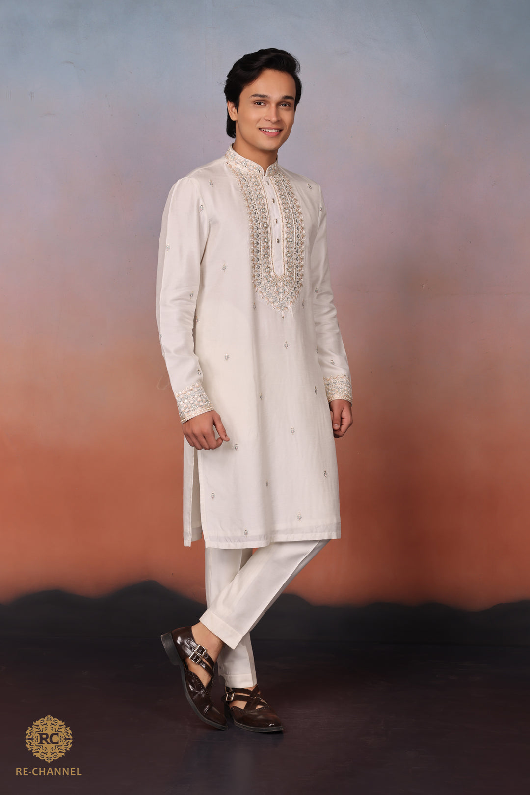 White silk mirror work kurta set