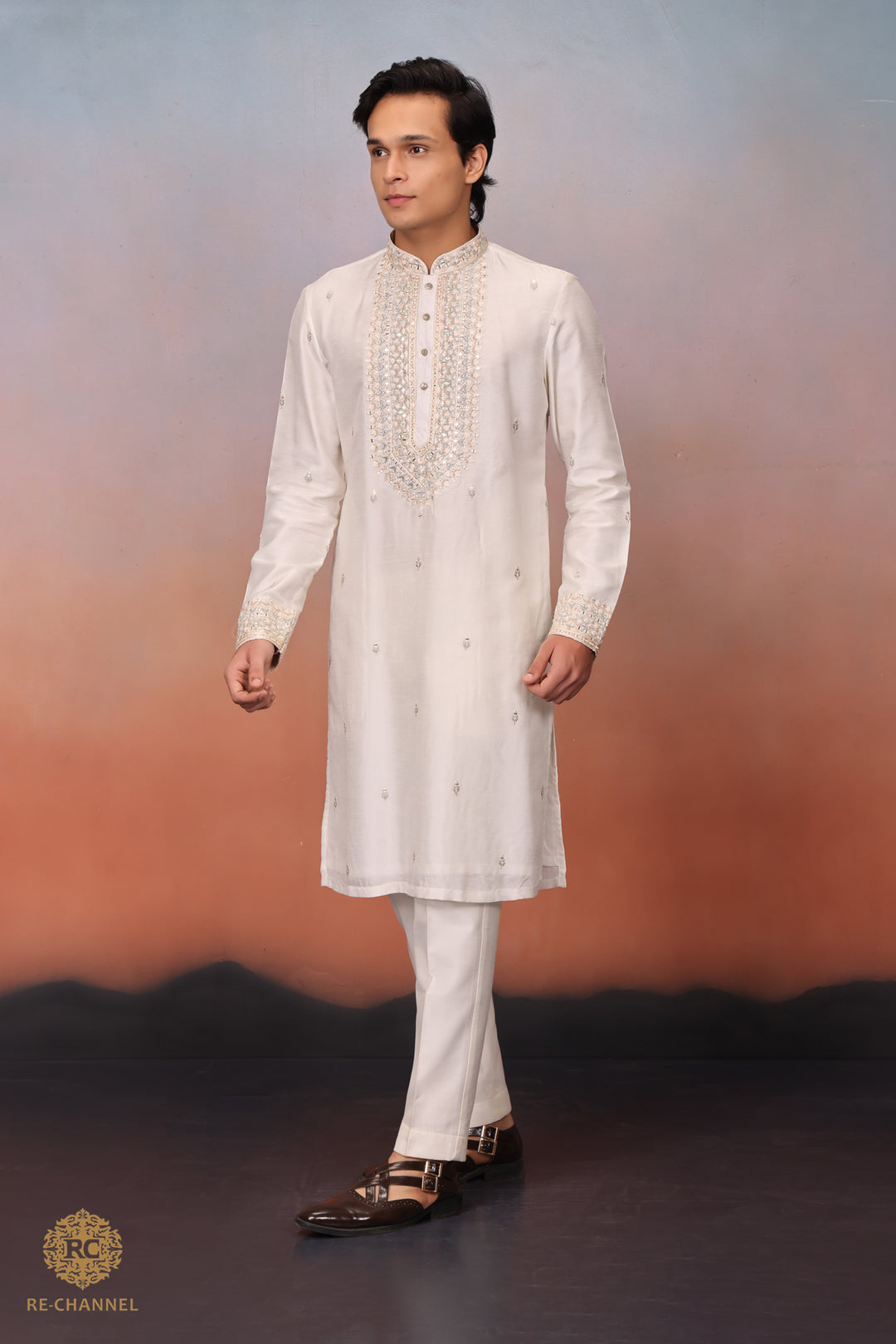 White silk mirror work kurta set