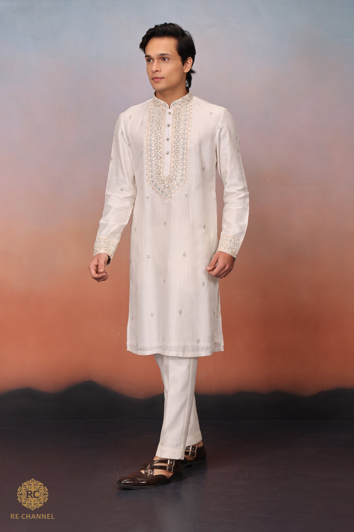 White silk mirror work kurta set