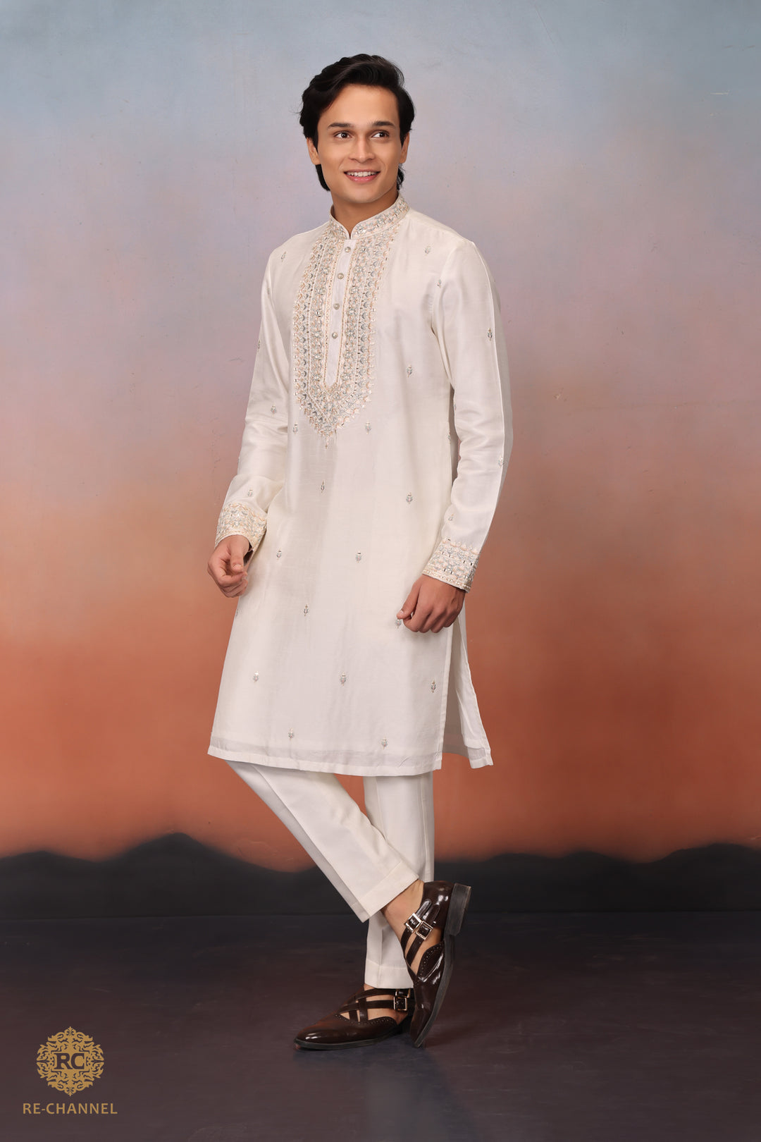 White silk mirror work kurta set
