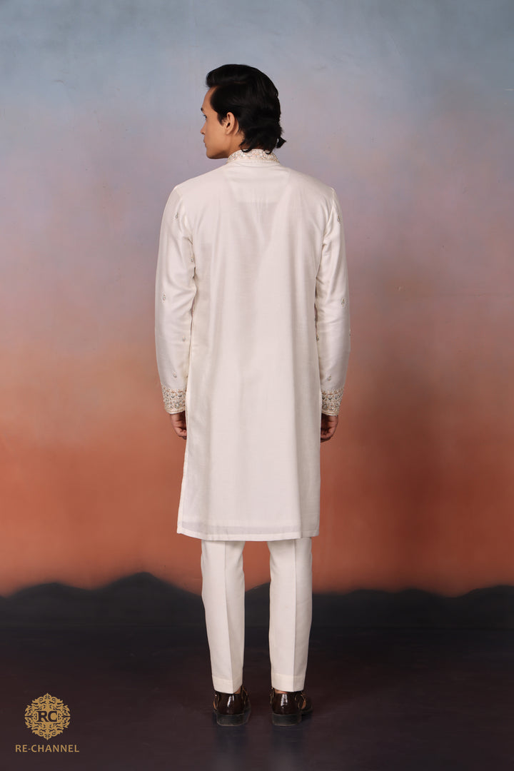 White silk mirror work kurta set