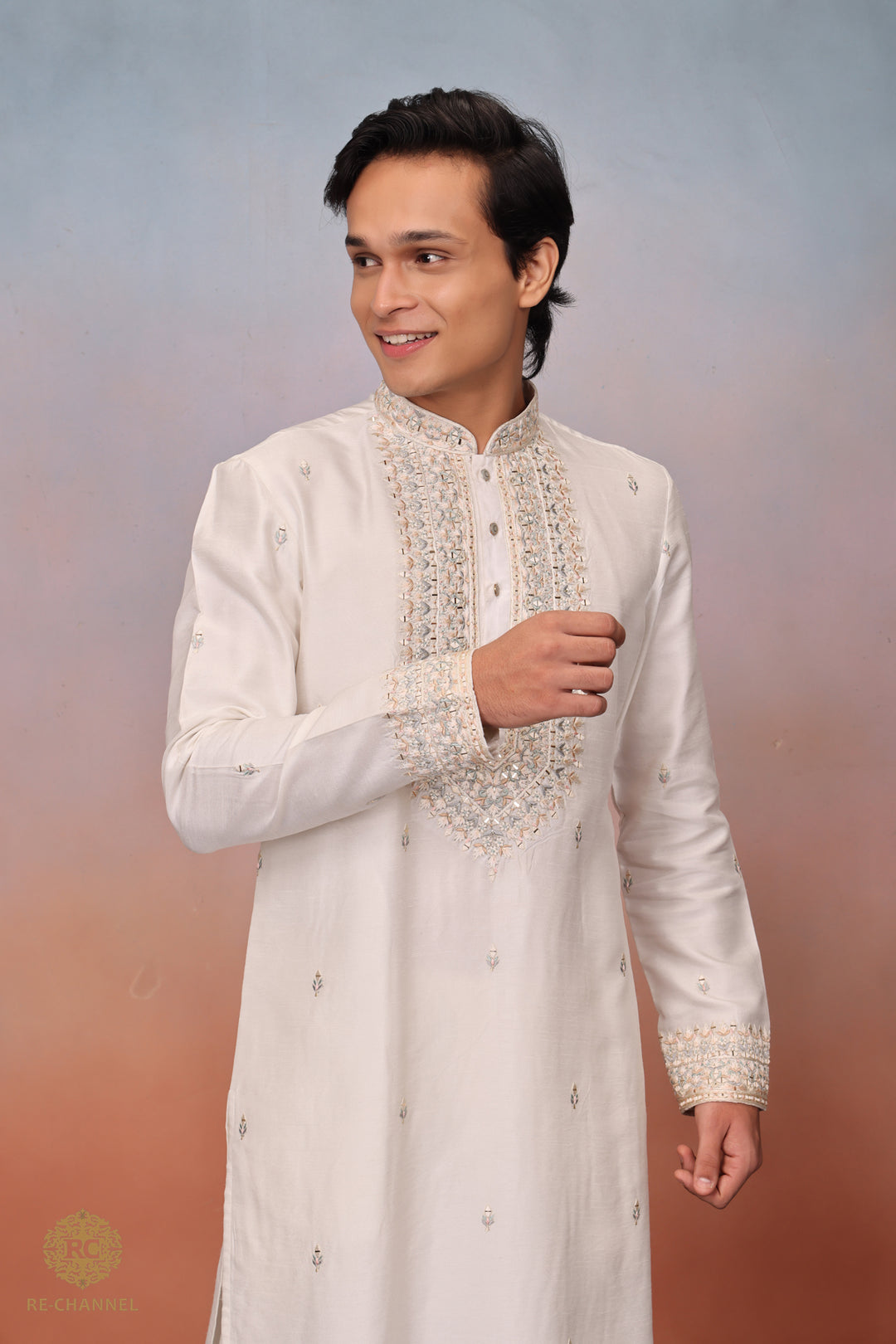 White silk mirror work kurta set