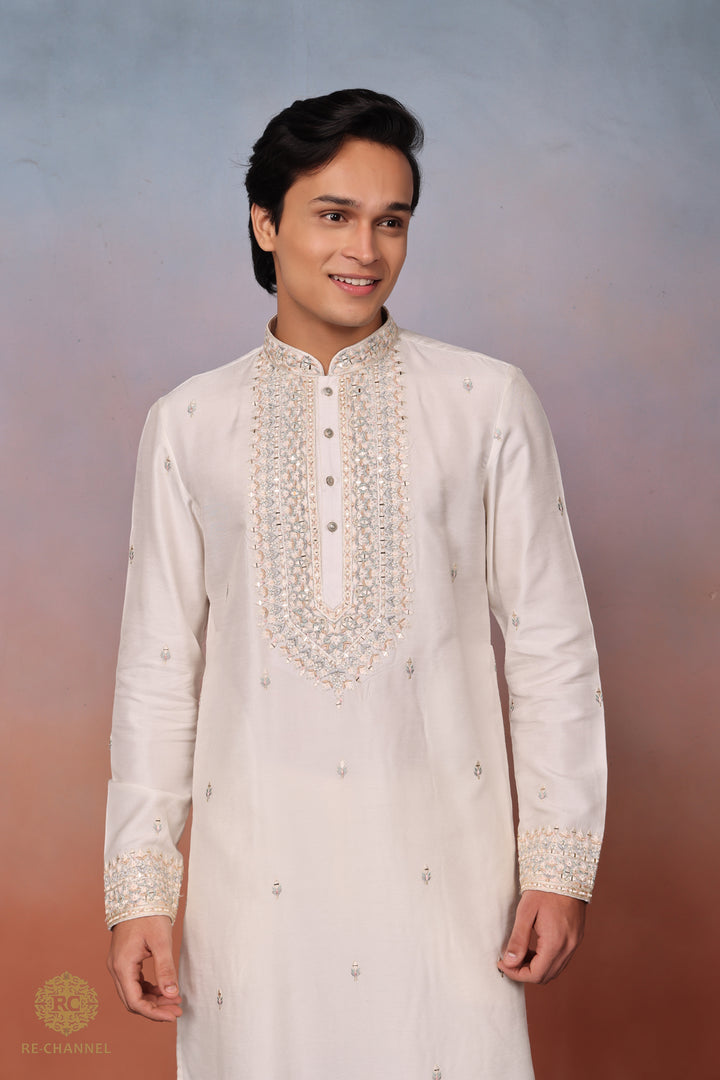 White silk mirror work kurta set