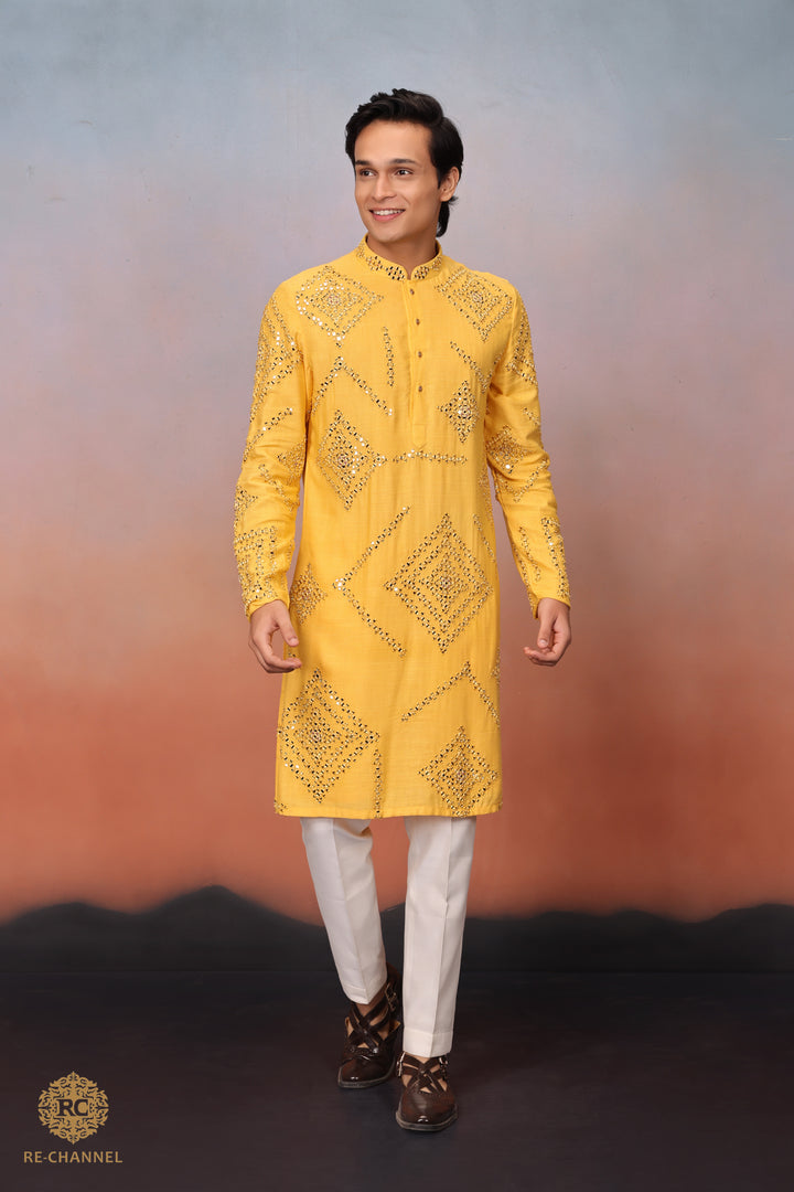 Sun Yellow Mirror work Kurta Set